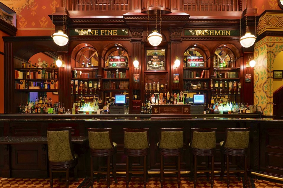 Front of Bar Design in Las Vegas USA. Handcrafted furniture, custom built bar by Irish Pub Company.