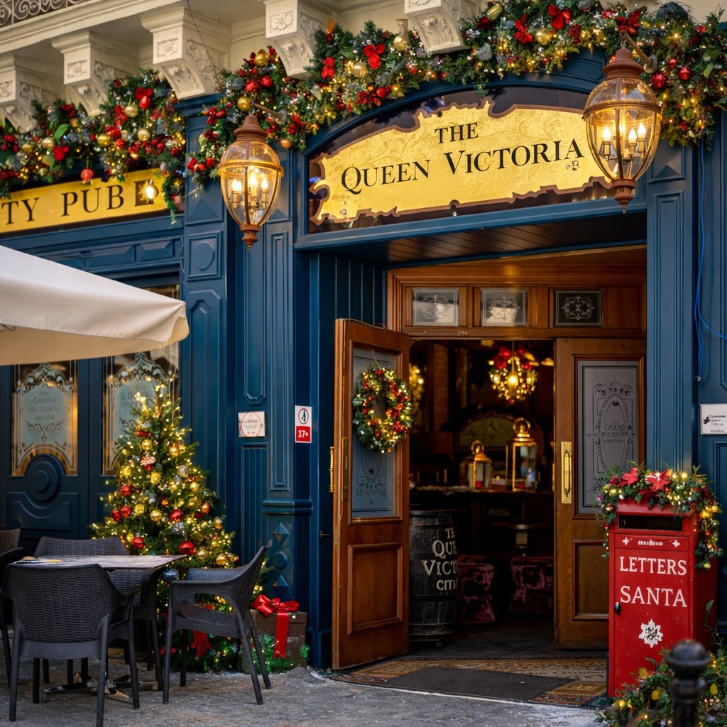 Christmas decorations and festive wreath framing the entrance of The Queen Victoria City Pub