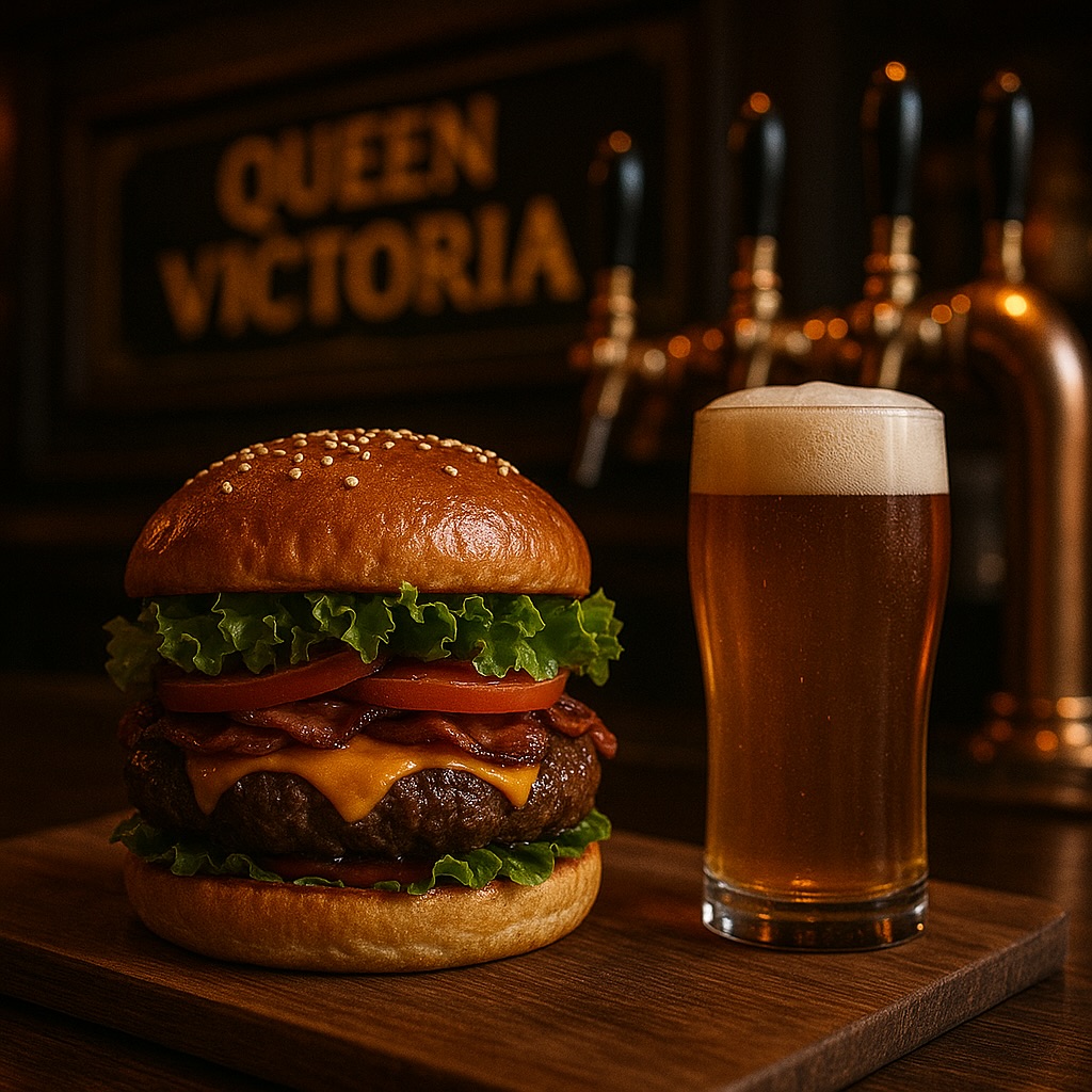 Gourmet bacon cheeseburger on a wooden board paired with a cold pint of beer at The Queen Victoria City Pub